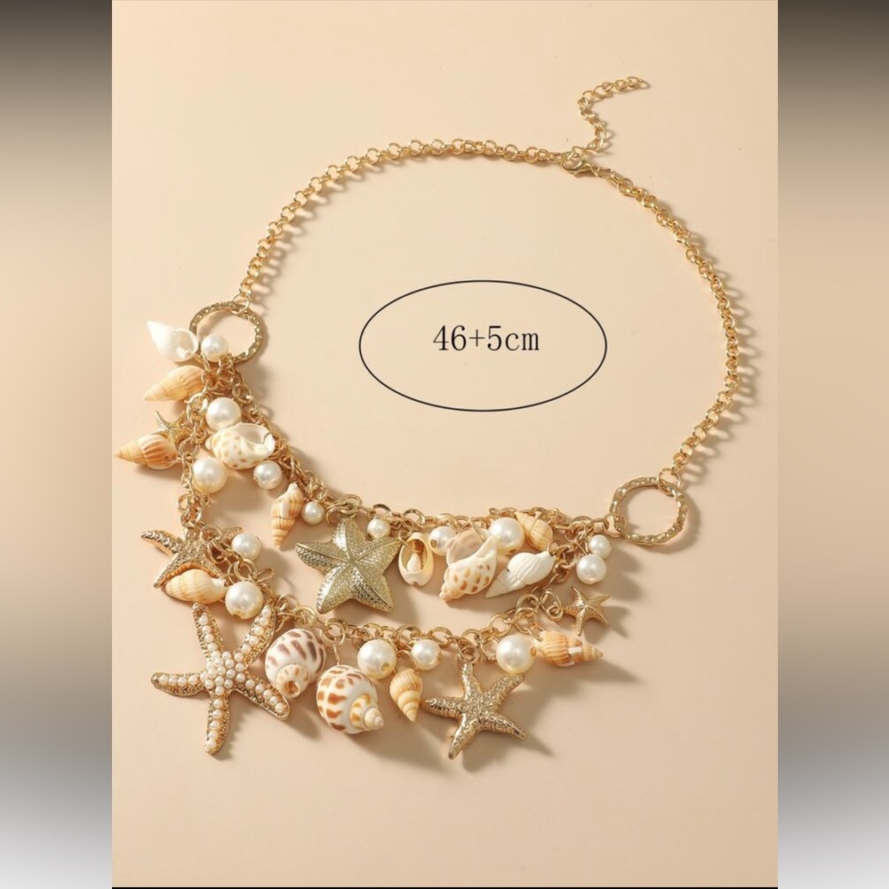 SeaShell & starfish layered charm statement necklace| mermaidcore vacation beach - Picture 7 of 7